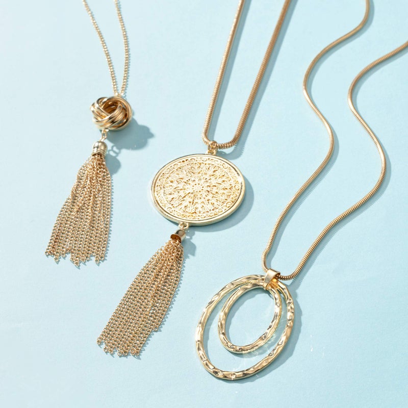 SEVENSTONE 6PCS Long Pendant Necklaces for Women Knot Disk Circle Tassel Statement Sweater Silver Necklace Set - Image 2